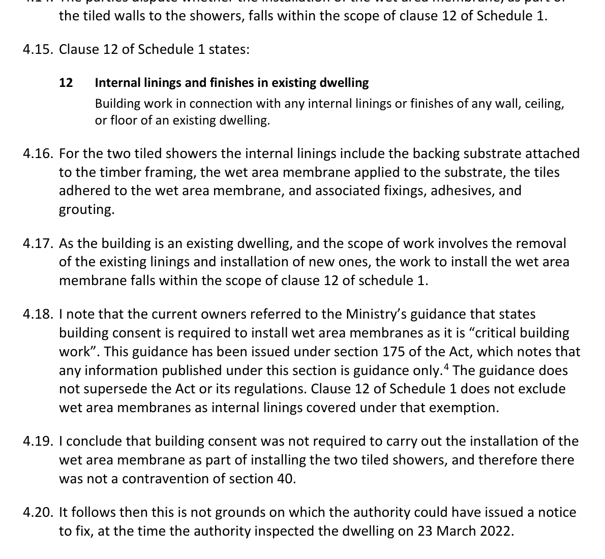 Extract from Determination 2024/054 paragraphs 4.15 to 4.20 about tiled shower membranes and Schedule 1 clause 12