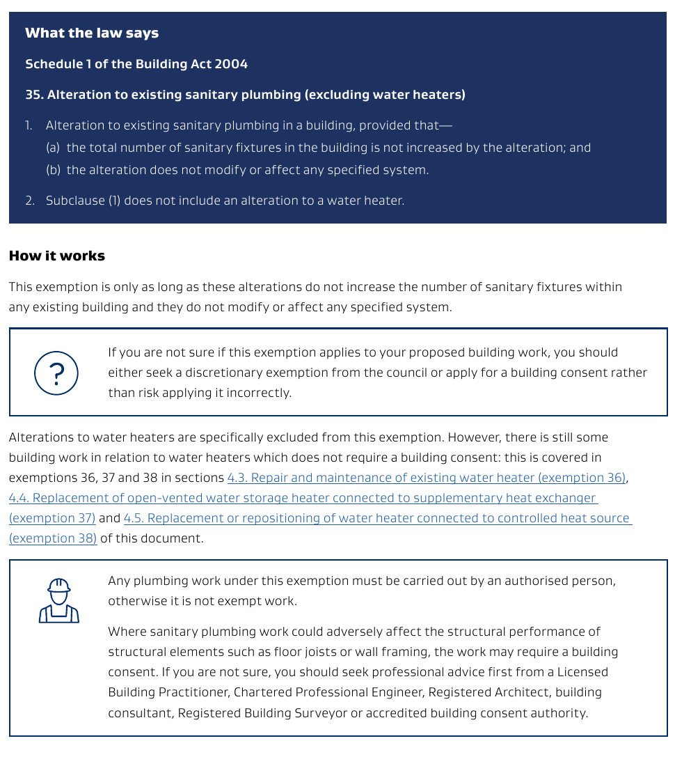 Current MBIE exemption 35 guidance and warning about plumbing work affecting floor joists or wall framing