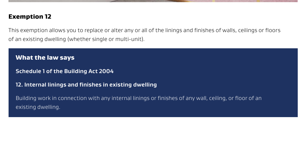 Current MBIE Schedule 1 exemption 12 guidance for internal linings and finishes in an existing dwelling