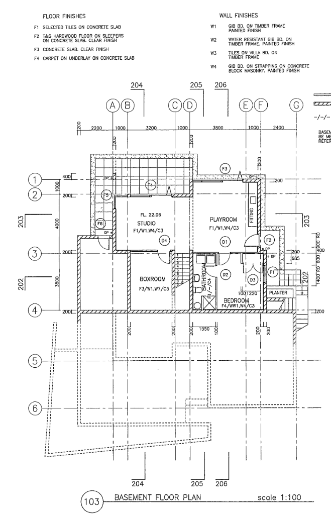 Anonymized approved lower-floor plan showing studio, playroom, bedroom and bathroom spaces