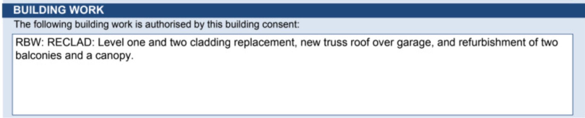 Anonymized consent extract describing recladding, garage roof, balcony and canopy work