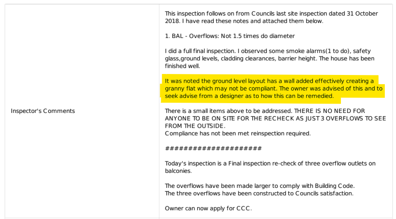 Anonymized Council inspection note highlighting an added wall that created a possible granny-flat arrangement