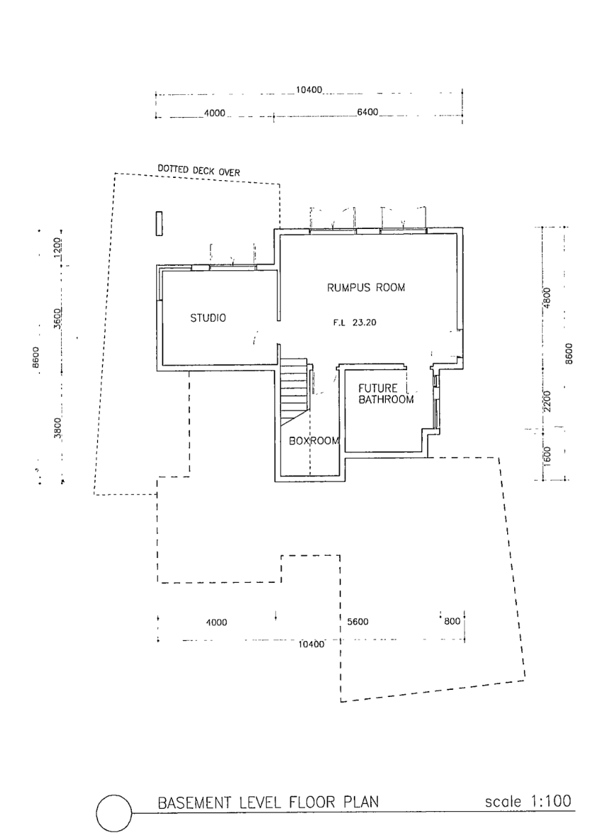 Anonymized historic lower-floor plan labelled studio, rumpus room, boxroom and future bathroom
