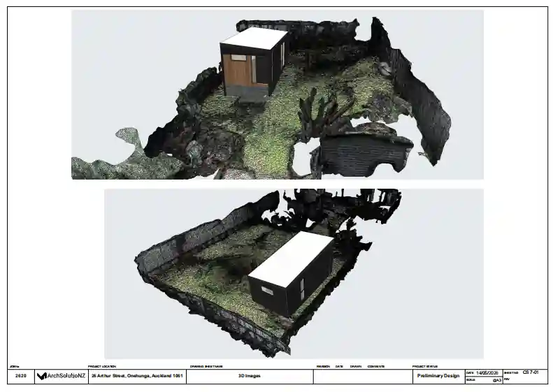 Real granny flat accurately located within a measured 3D site model