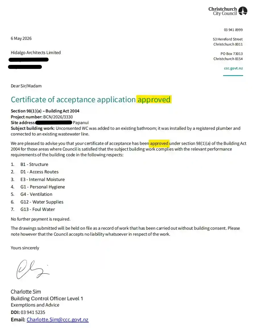 Redacted Christchurch City Council Certificate of Acceptance approval letter