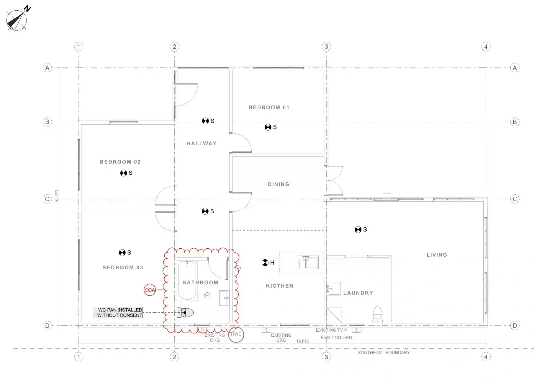Current existing floor plan showing the WC location for the CoA scope