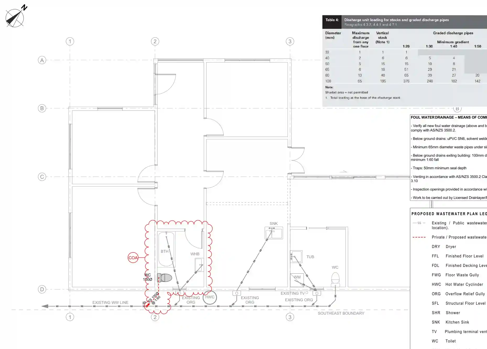 Current existing plumbing and drainage plan showing the 100mm WC wastewater connection