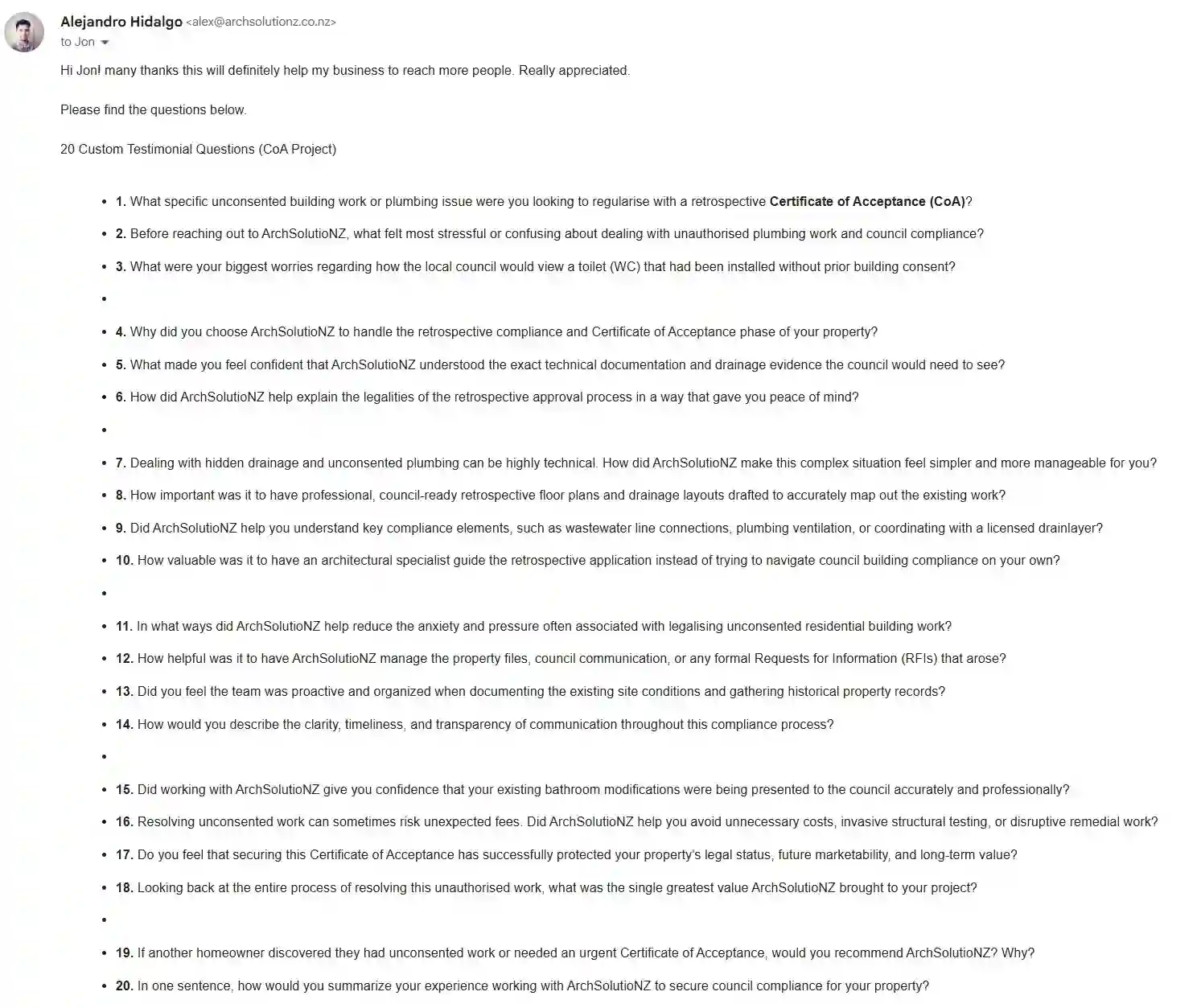 Original email screenshot showing the 20 Certificate of Acceptance testimonial questions sent to Jon