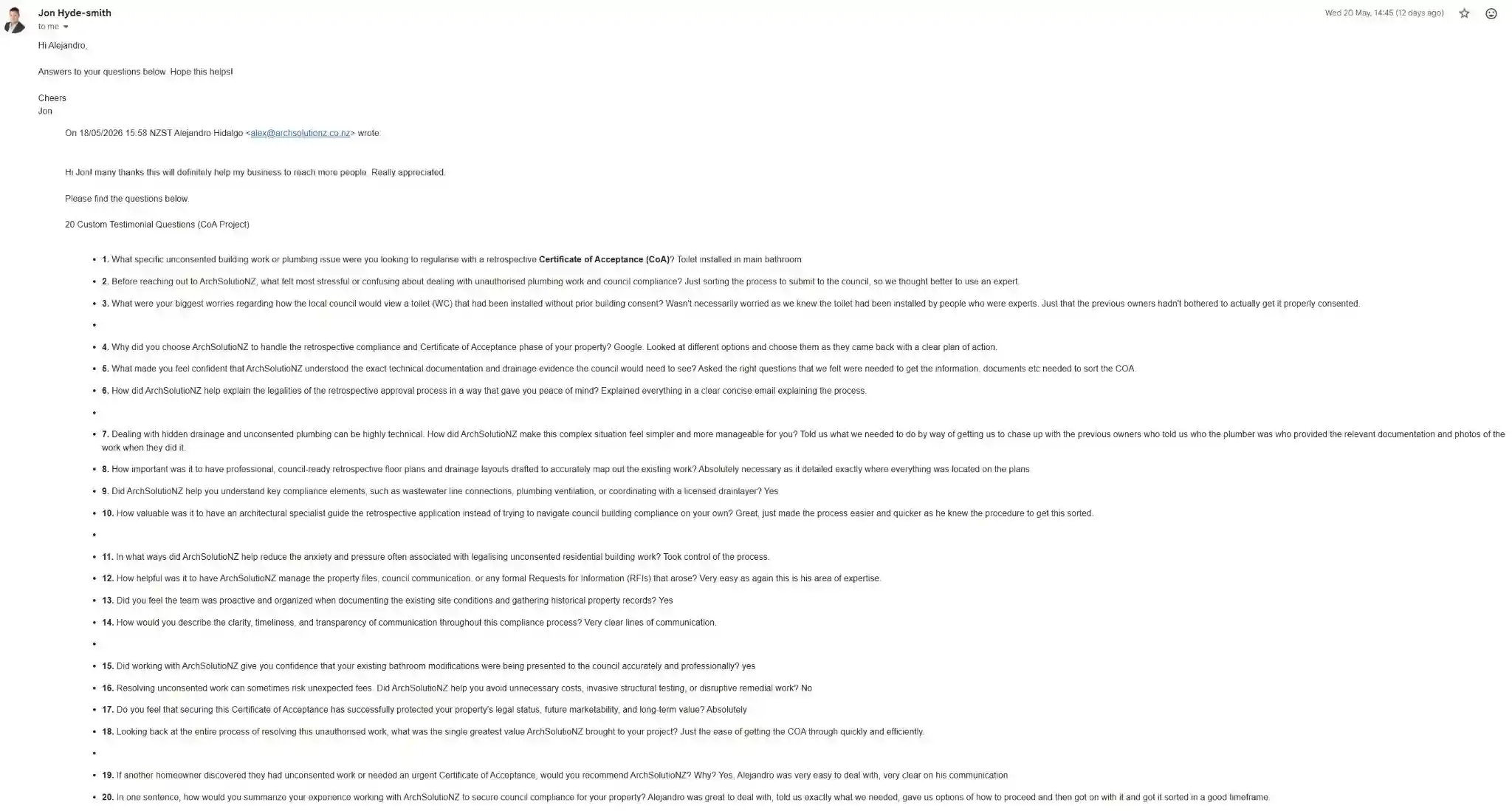 Original email screenshot showing Jon's answers to the 20 testimonial questions