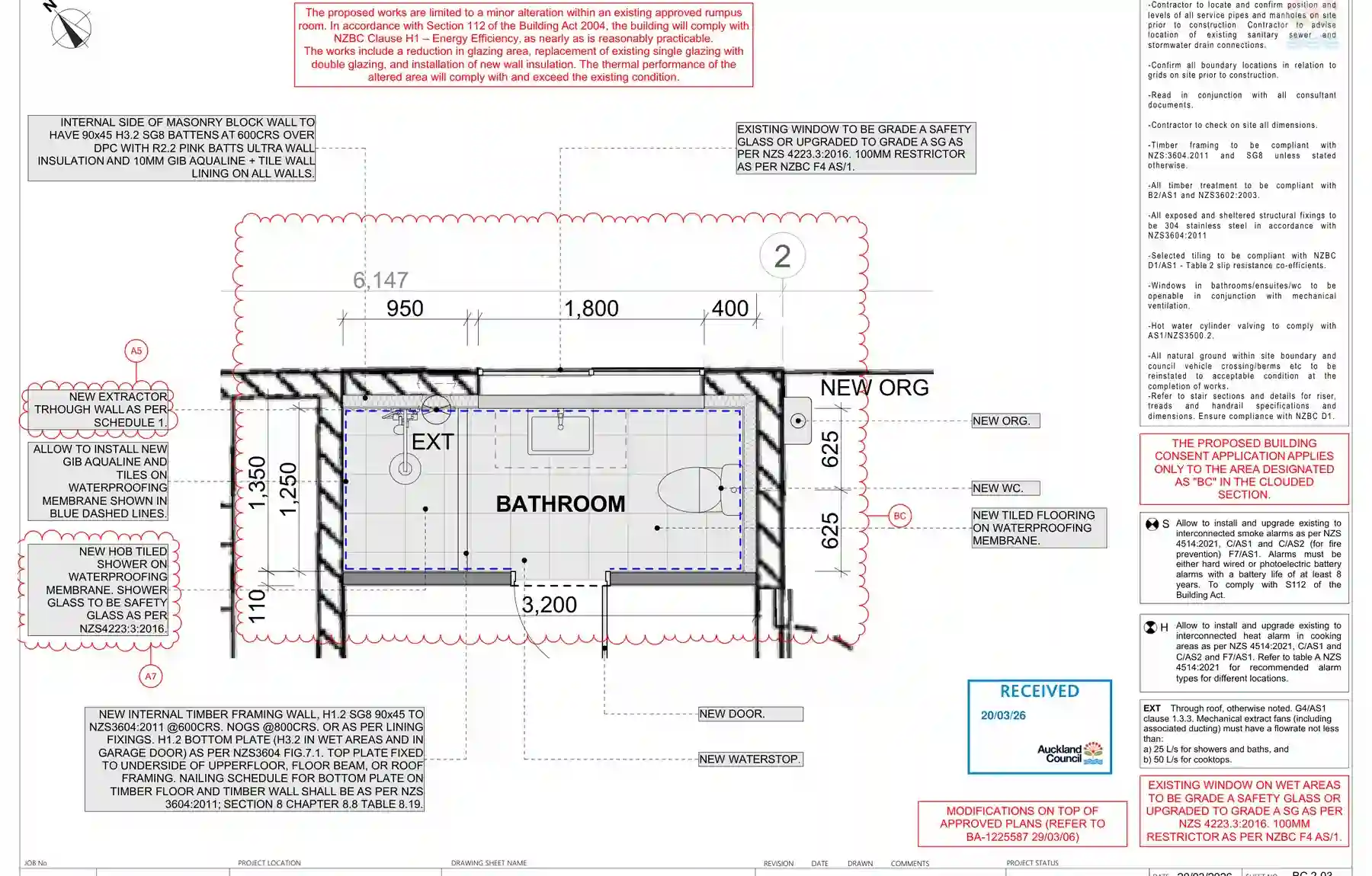 Proposed bathroom plan at 1:25 showing layout, waterstop, wall build-up, and wet area scope