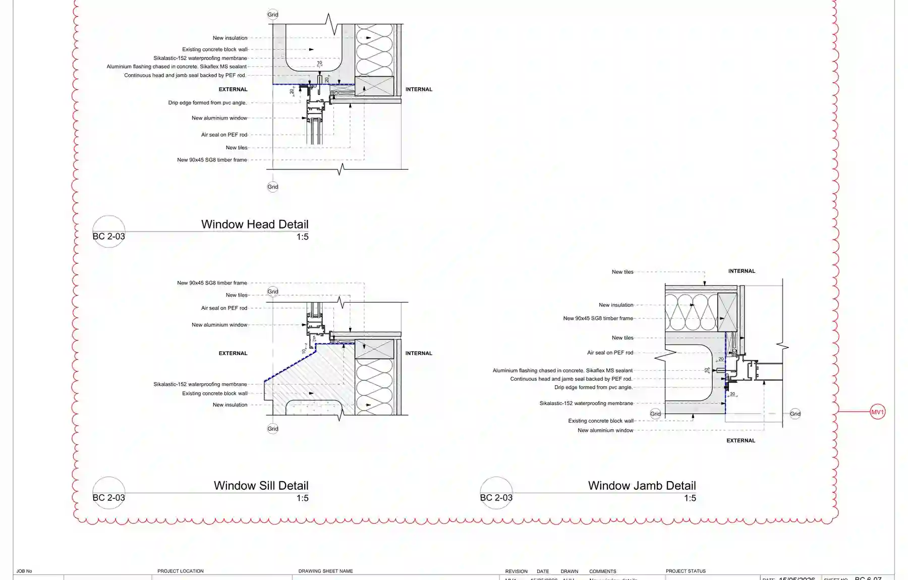 Head, sill and jamb details for the window replacement in concrete block