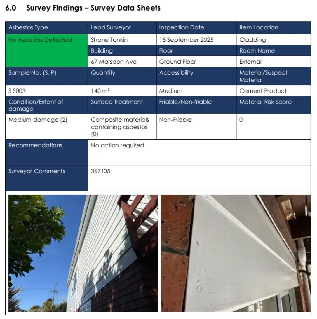 Asbestos report extract showing no asbestos detected in tested cladding sample