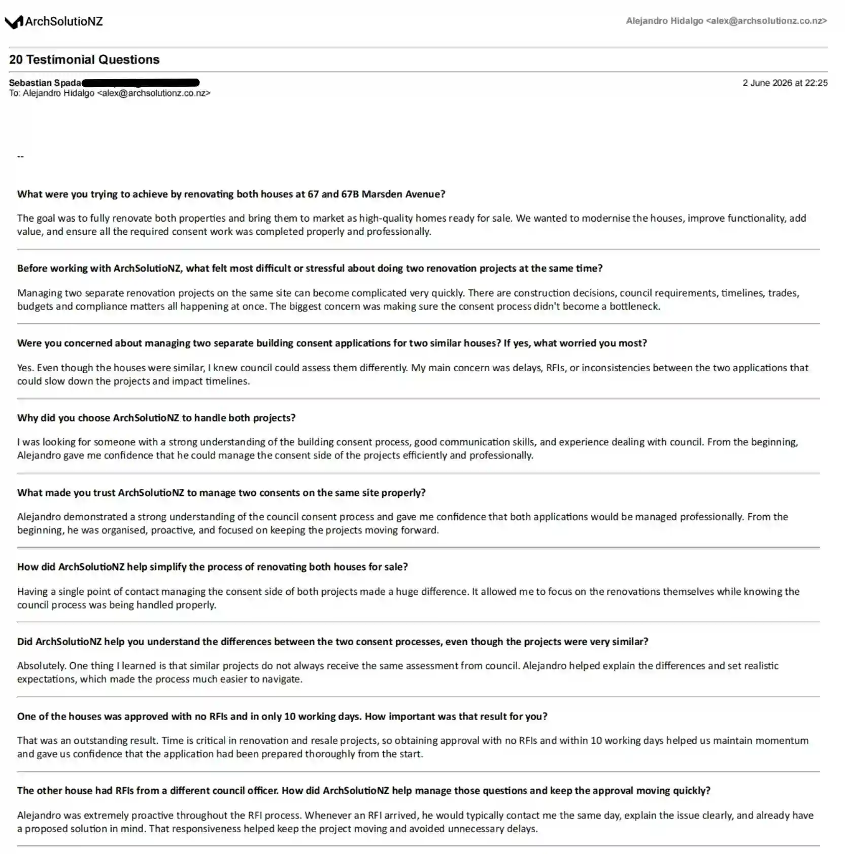 Original Sebastian Spada testimonial questions and answers page one