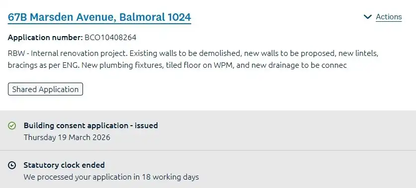 Auckland Council tracker showing 67B Marsden building consent processed in 18 working days