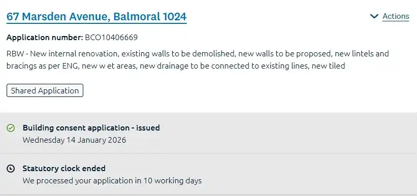Auckland Council tracker showing 67 Marsden building consent processed in 10 working days