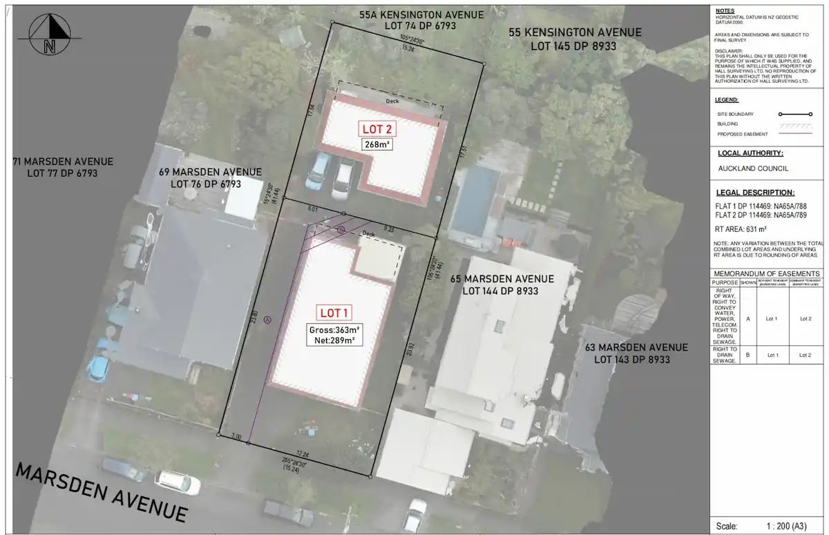 Subdivision scheme plan showing cross lease and freehold rights for Marsden Avenue