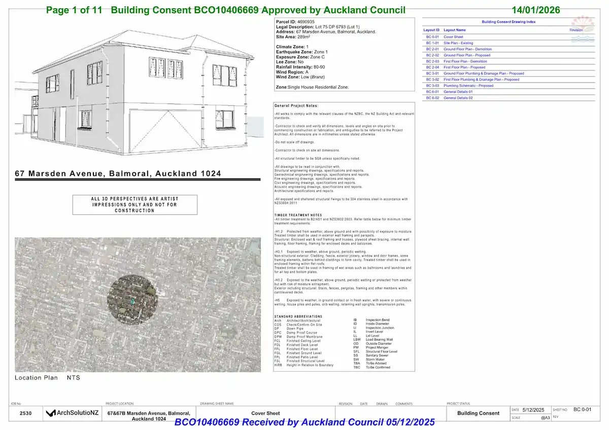Approved building consent cover sheet for 67 Marsden Avenue
