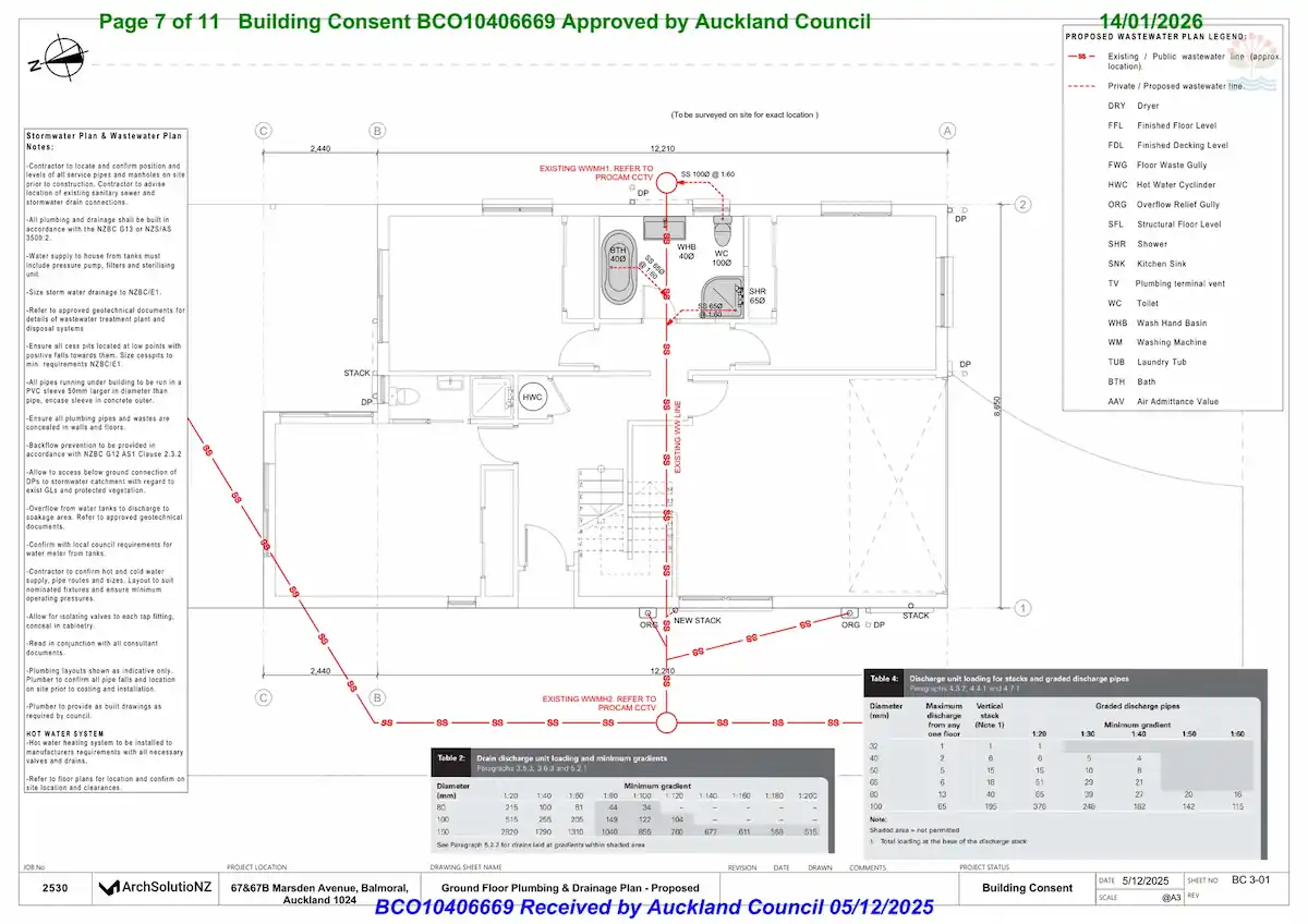 Ground floor plumbing and drainage plan for 67 Marsden Avenue