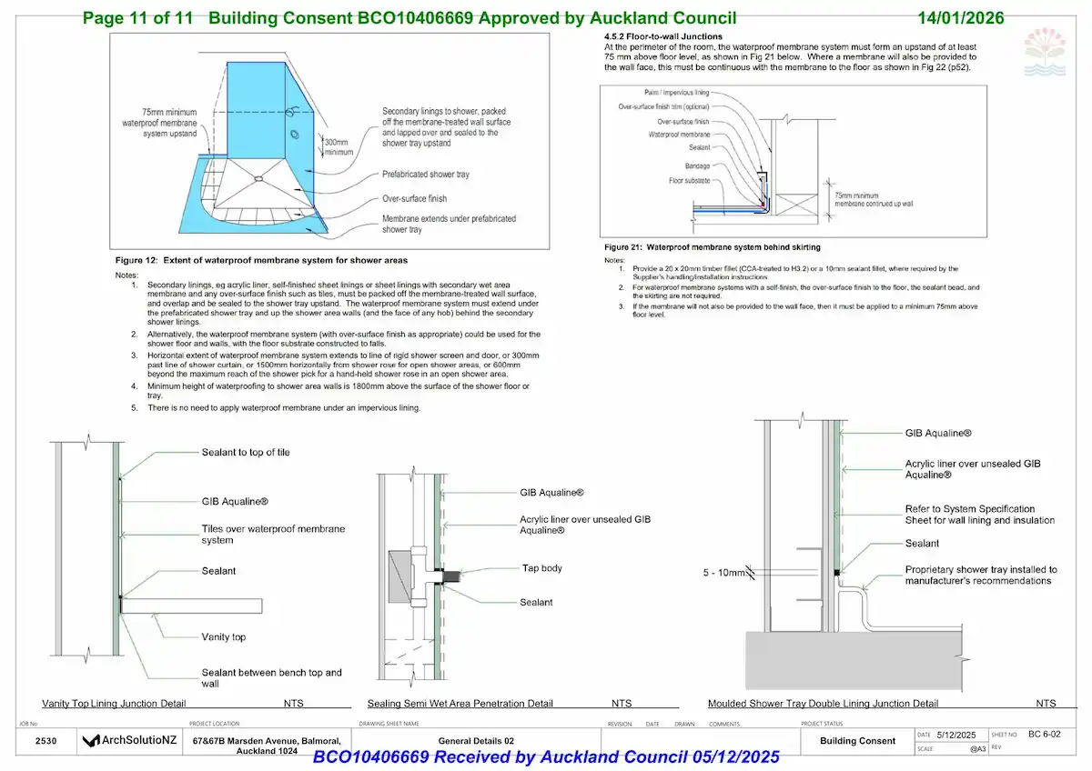 Wet area details and waterproofing notes for 67 Marsden Avenue