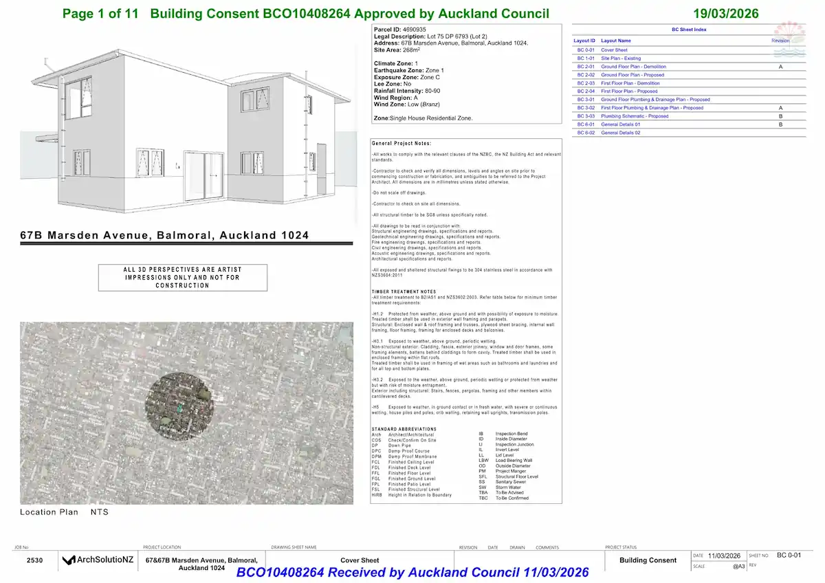 Approved building consent cover sheet for 67B Marsden Avenue