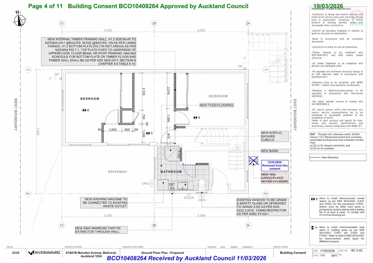 Ground floor proposed bedroom and bathroom plan for 67B Marsden Avenue