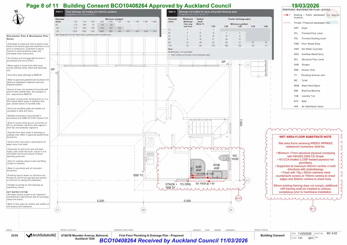 Wet area floor substrate note for 67B Marsden Avenue