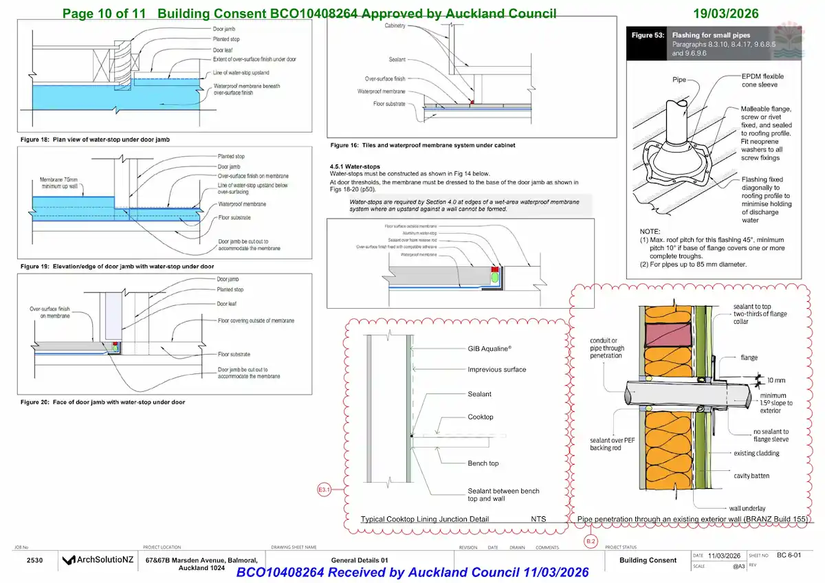 Pipe penetration and general details for 67B Marsden Avenue