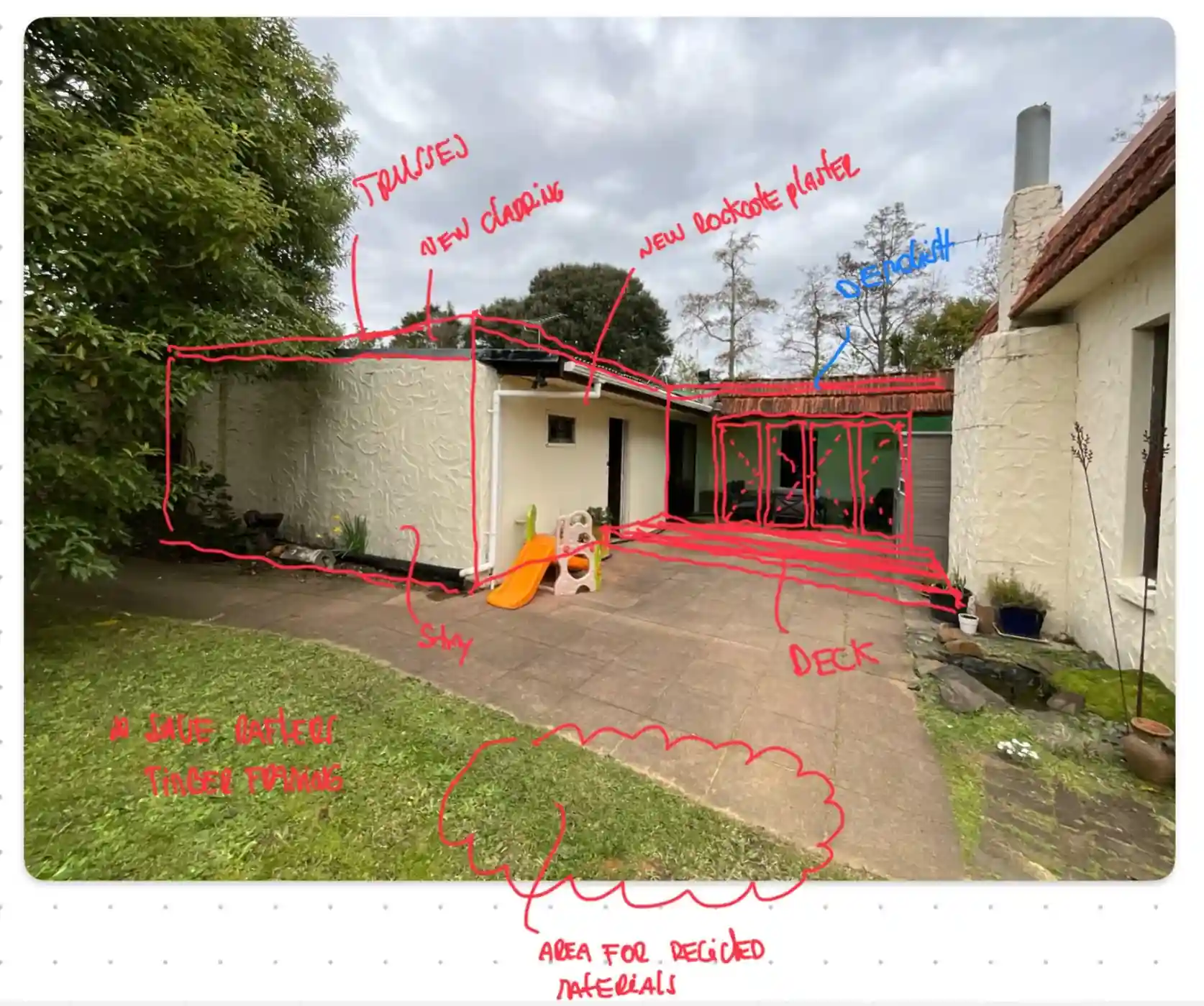 Site strategy markup showing existing rumpus notes for Paeroa renovation