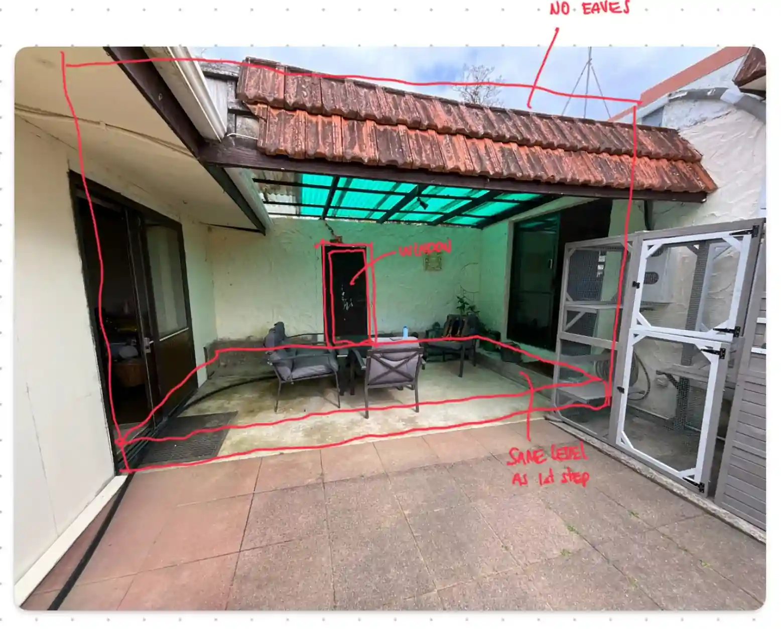 Site strategy markup showing covered patio and level relationship for Paeroa enclosed deck