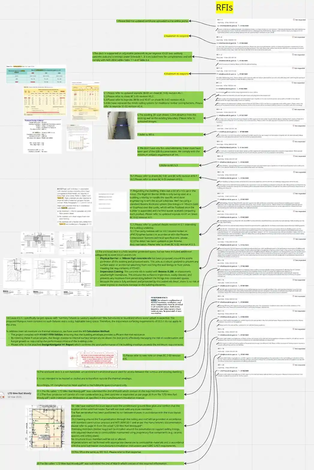 Miro board showing RFI management and project response tracking for Paeroa building consent