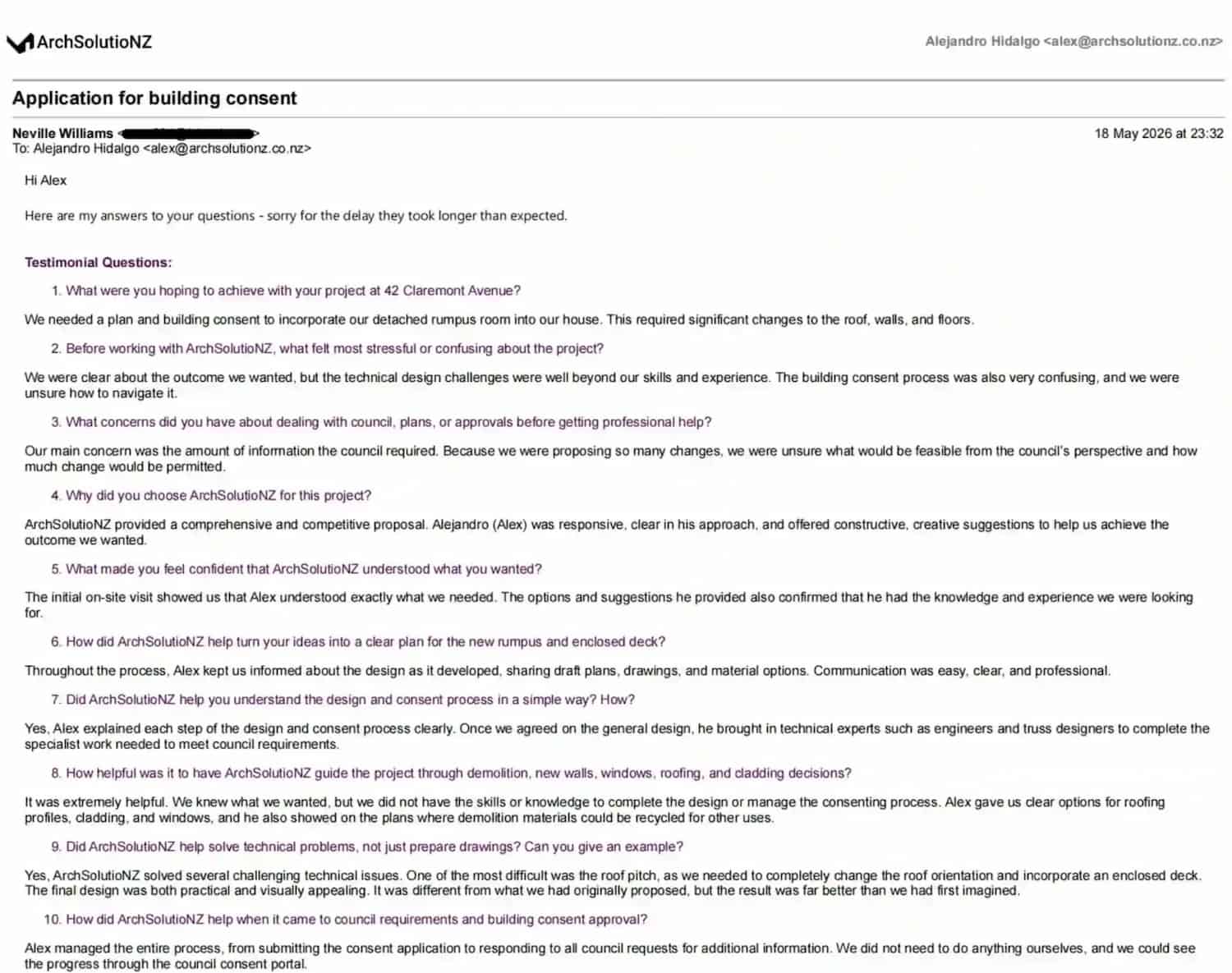 Original client testimonial email answers from Neville Williams page one