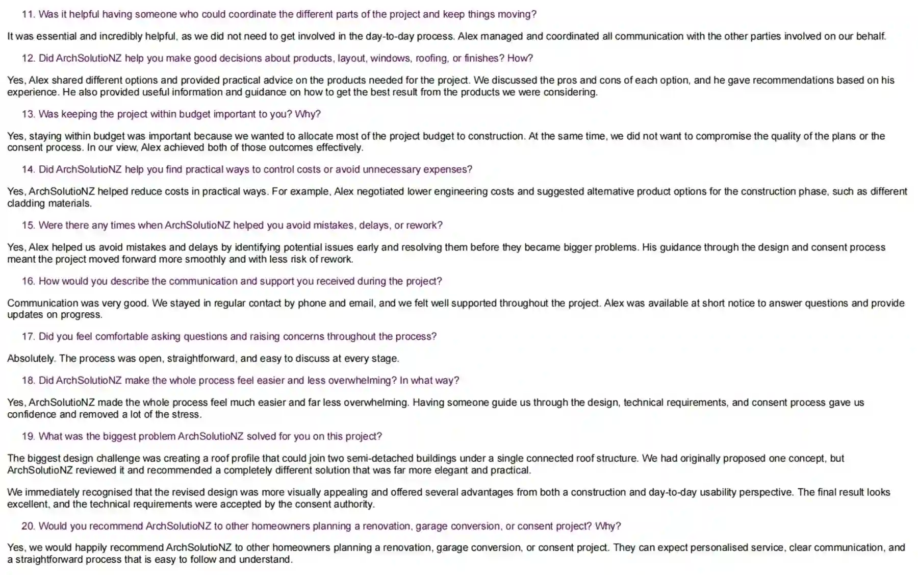 Original client testimonial email answers from Neville Williams page two