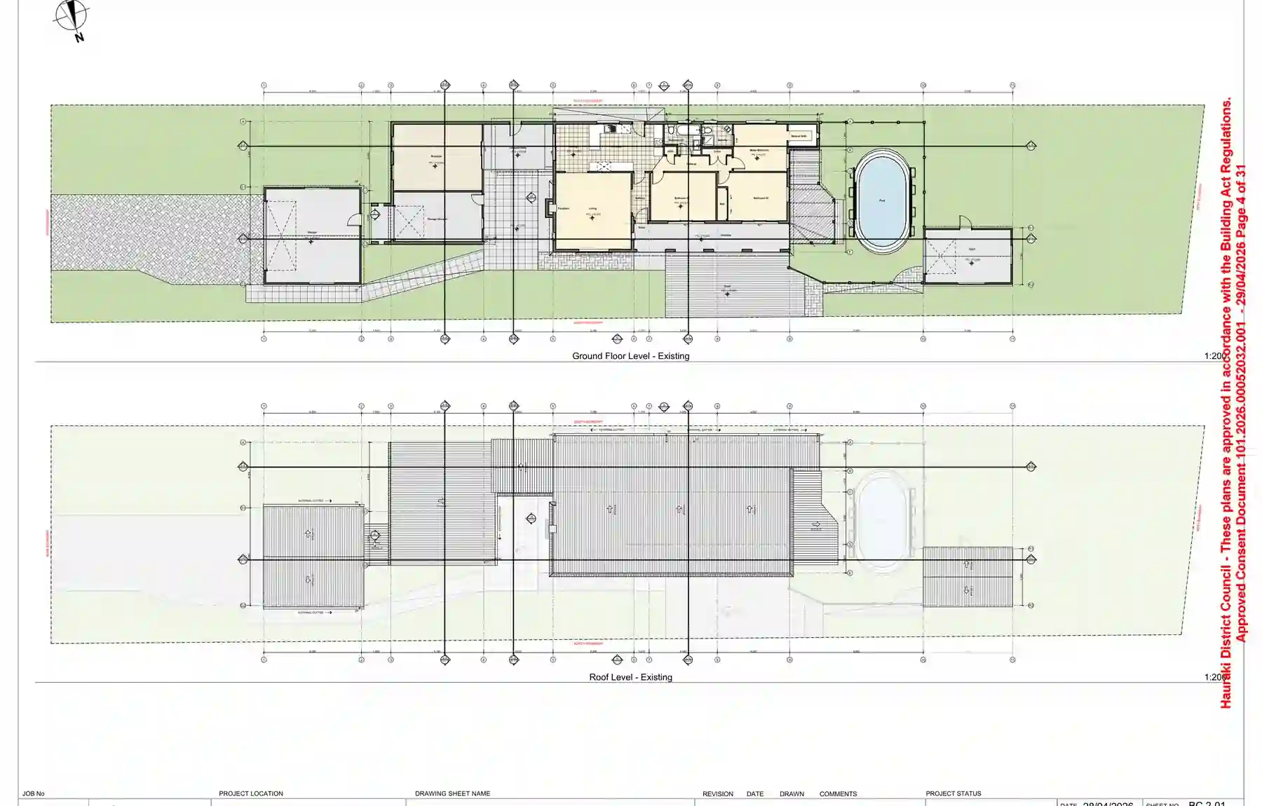 Existing ground floor and roof level plans for the Paeroa rumpus renovation
