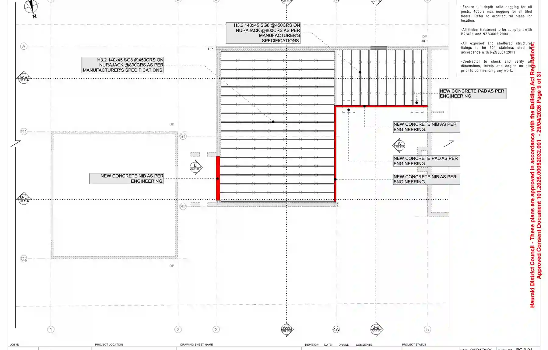 Proposed floor framing plan for Paeroa rumpus renovation