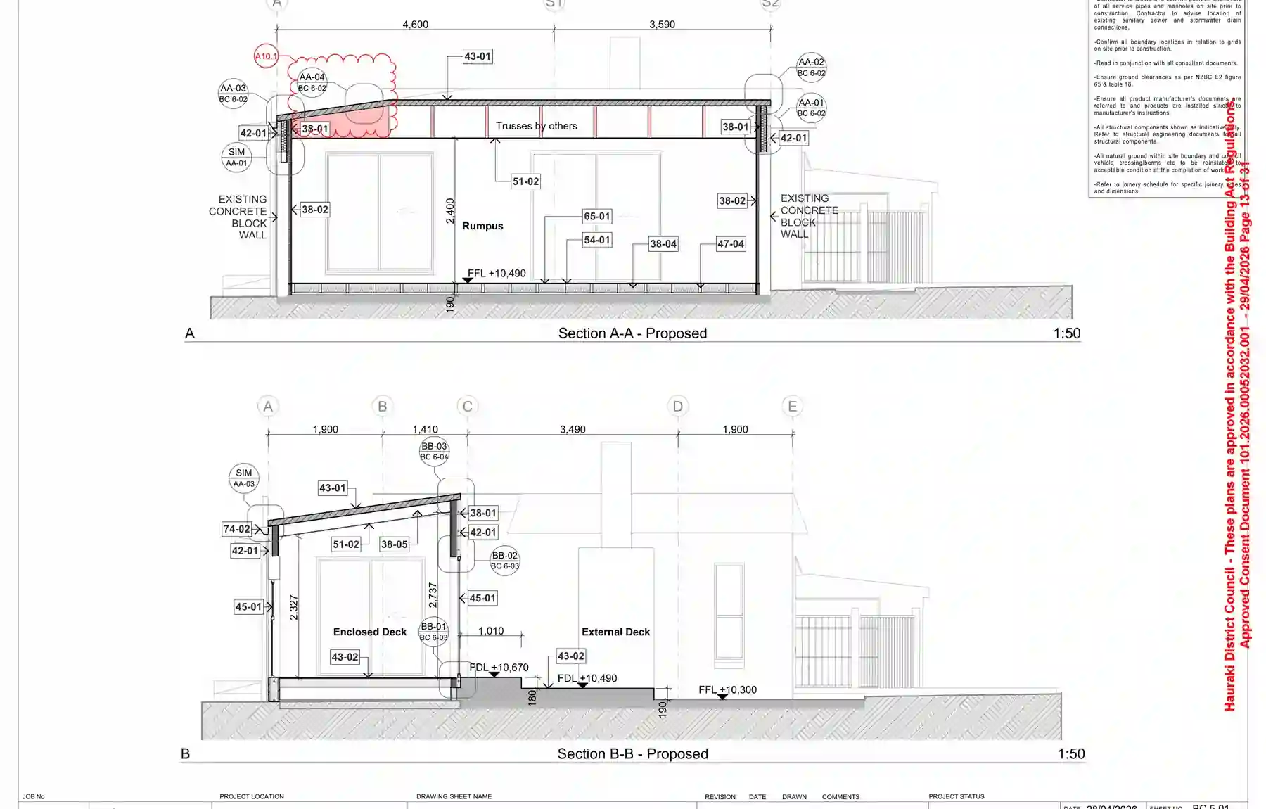 Sections through the Paeroa rumpus renovation and enclosed deck