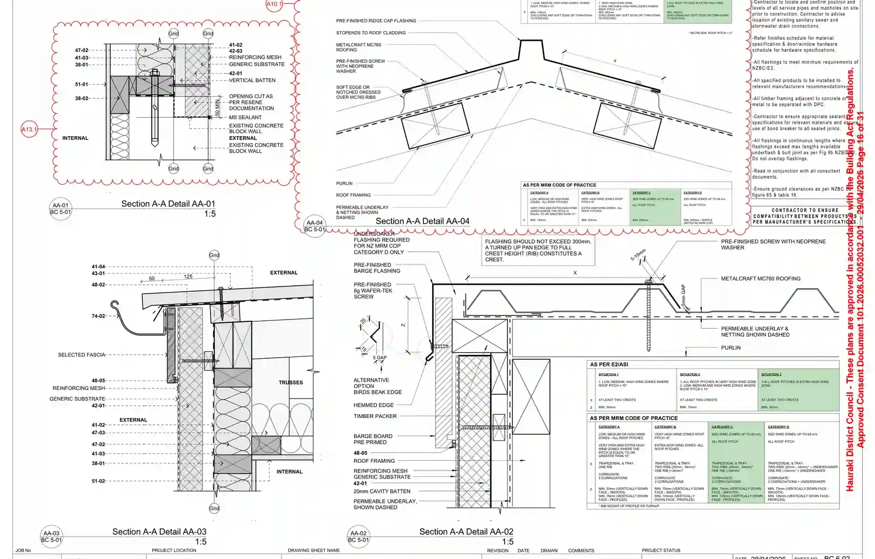 Roof wall flashing details for Paeroa rumpus renovation building consent