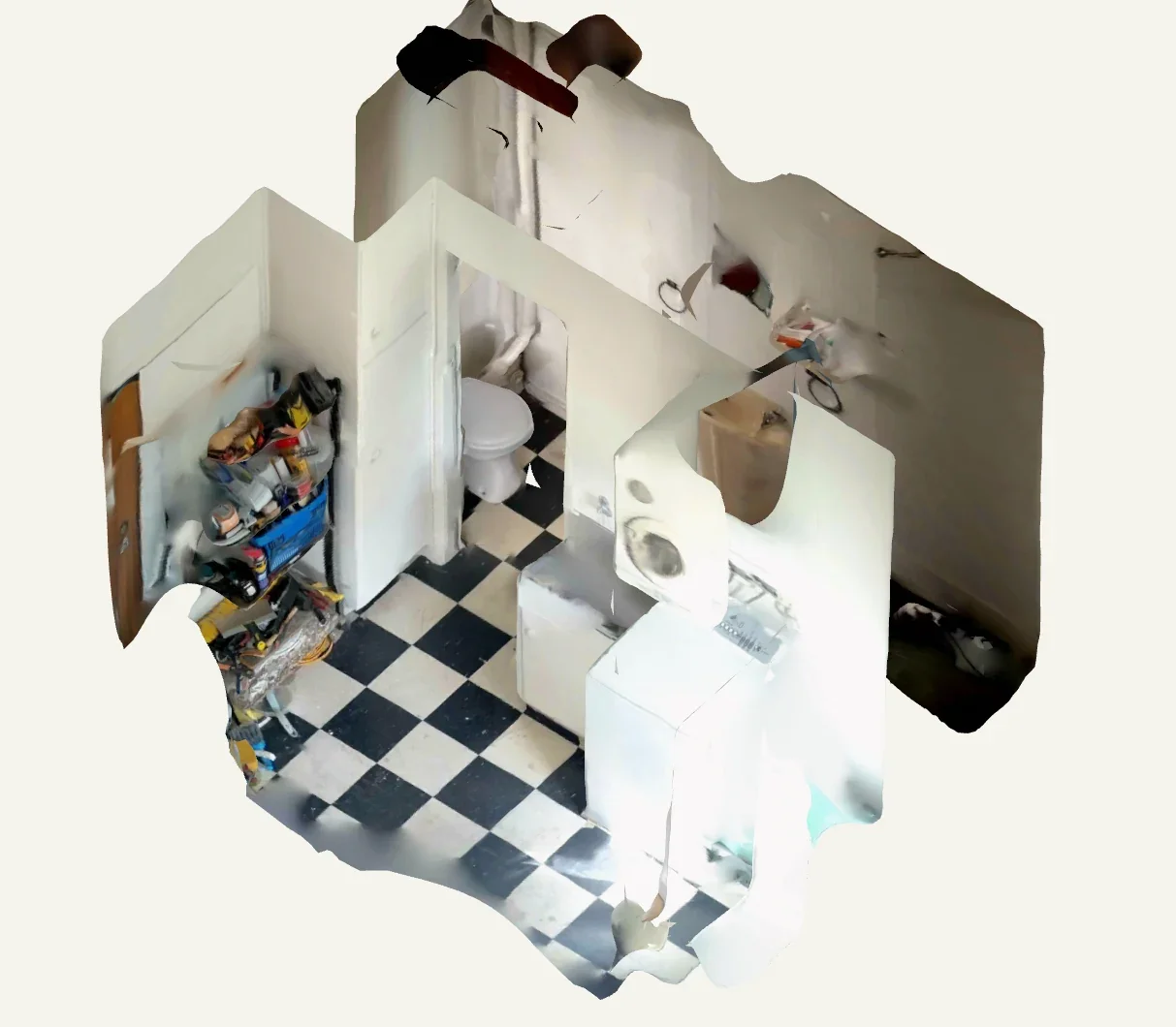 3D scan view of existing laundry and toilet area before renovation