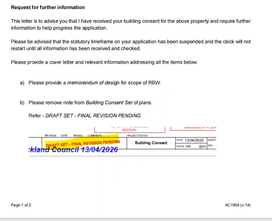 Redacted Auckland Council request for further information for bathroom and laundry building consent