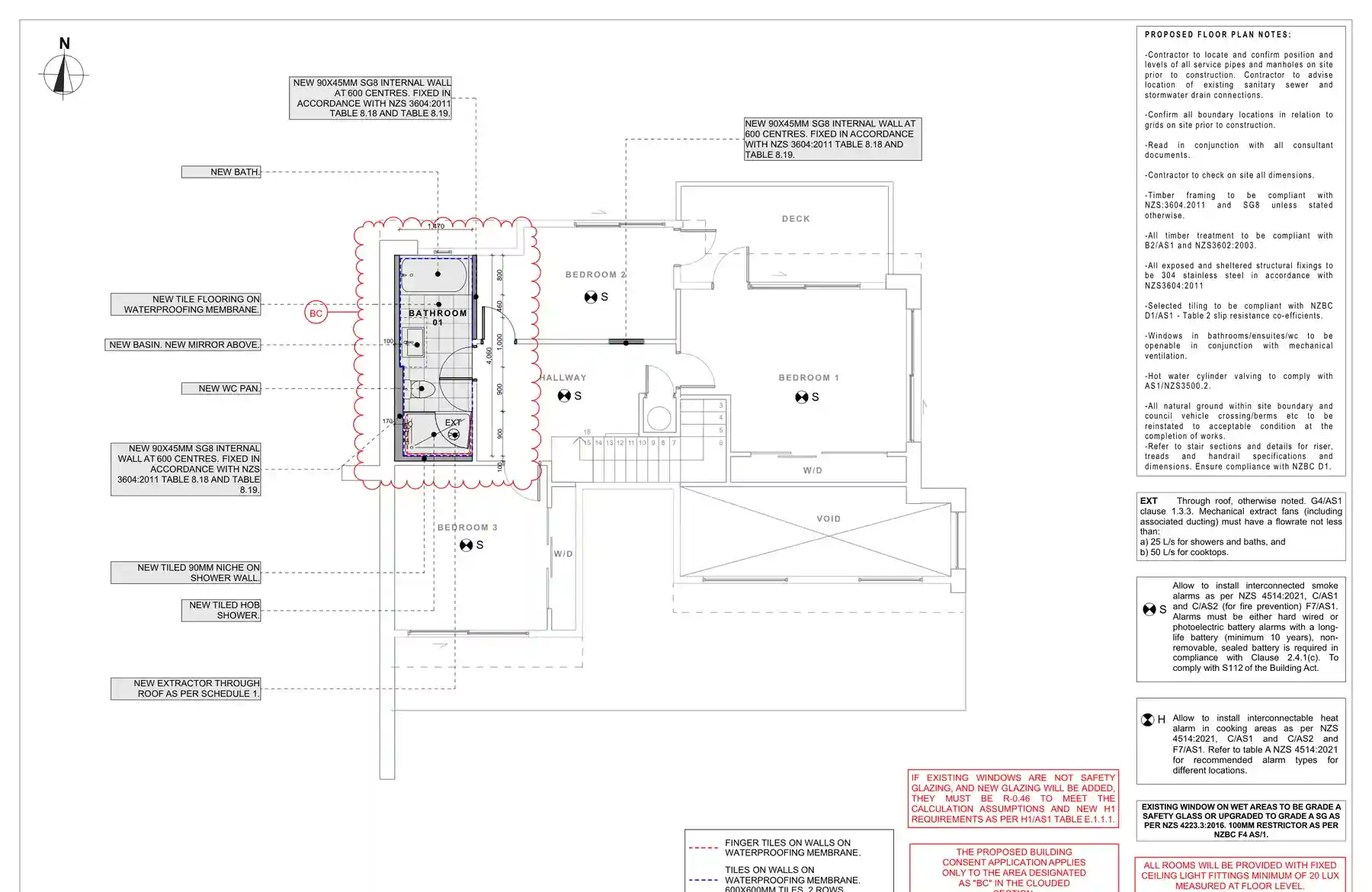 Proposed bathroom layout plan with wet area and compliance notes