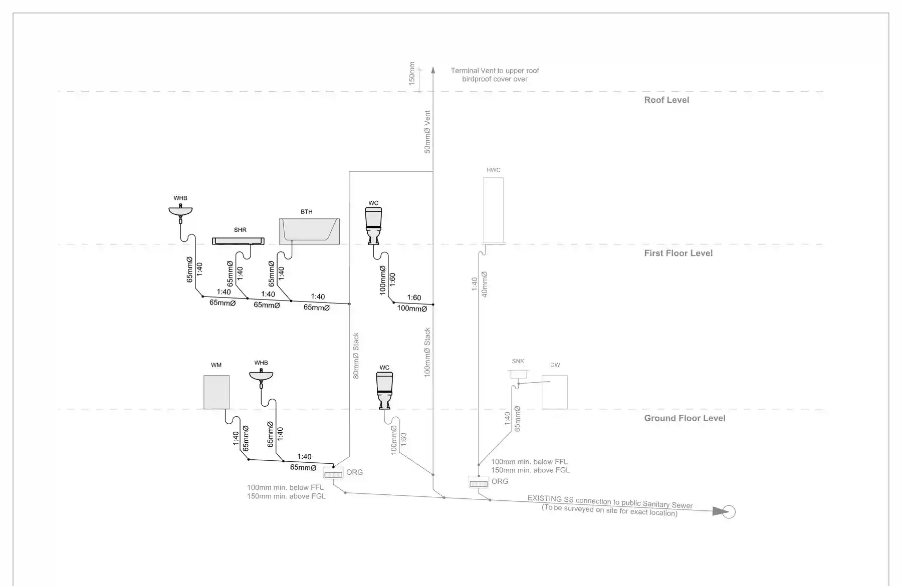 Plumbing schematic showing fixtures, stacks and drainage falls