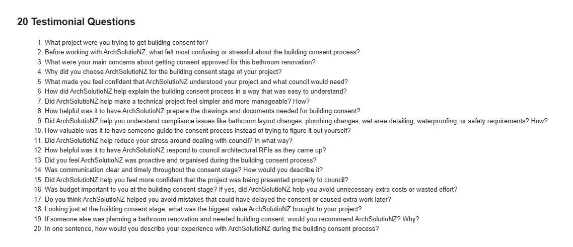 Screenshot of the original 20 testimonial questions used for the client interview