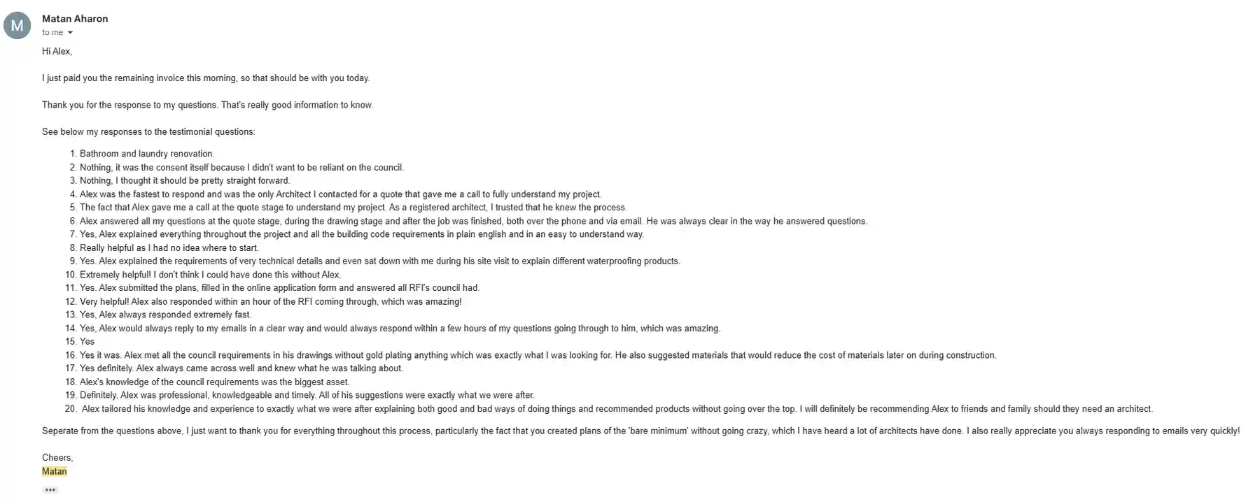 Screenshot of the original client email response answering the testimonial questions