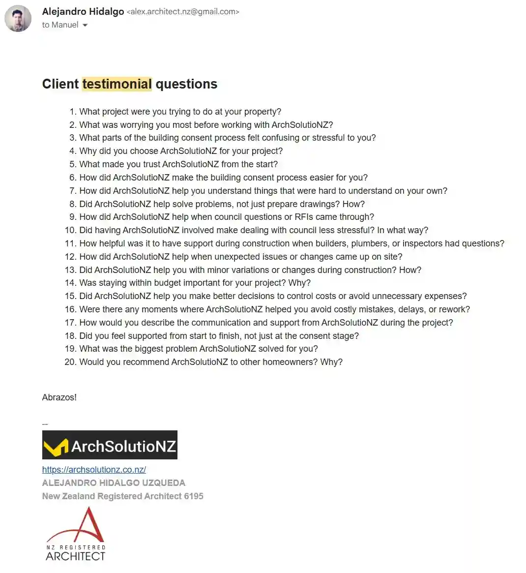 Original ArchSolutioNZ testimonial questions sent to the client