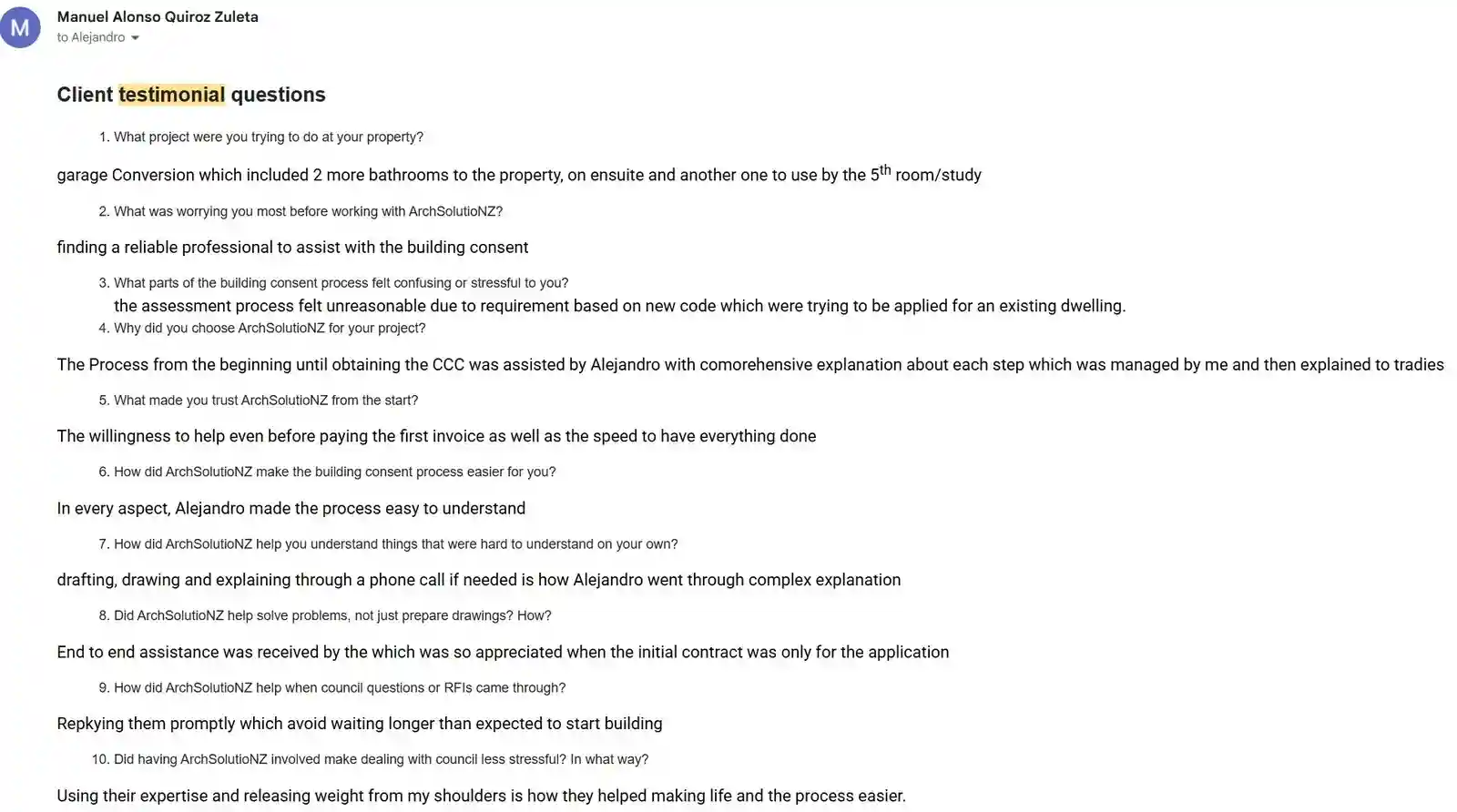 Original client email response part one with testimonial answers