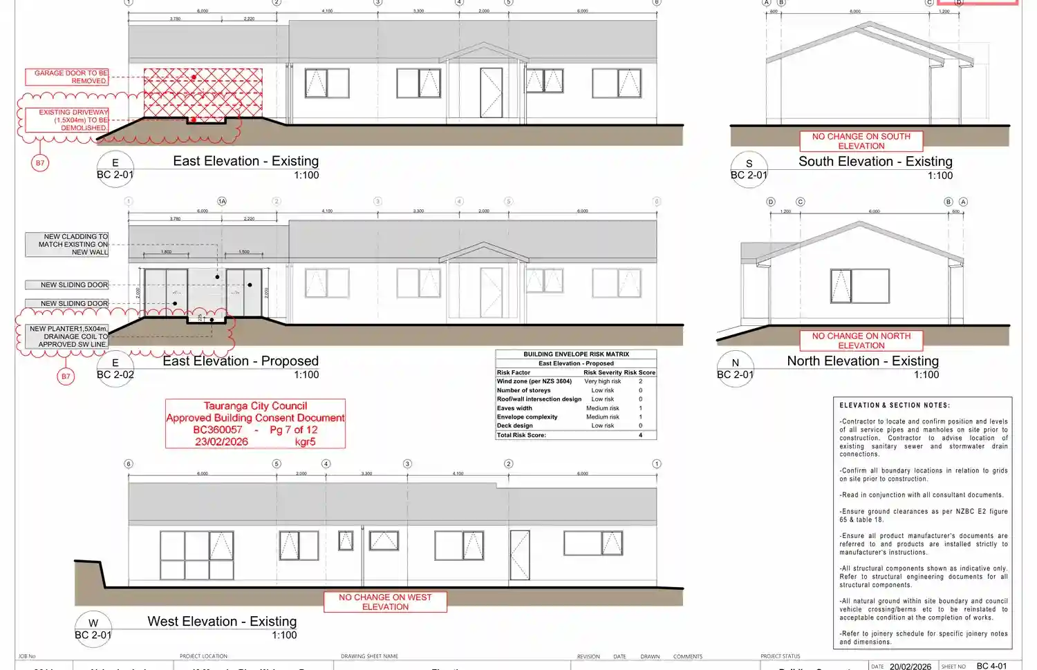 Approved elevations showing new wall and sliding door arrangement after garage conversion