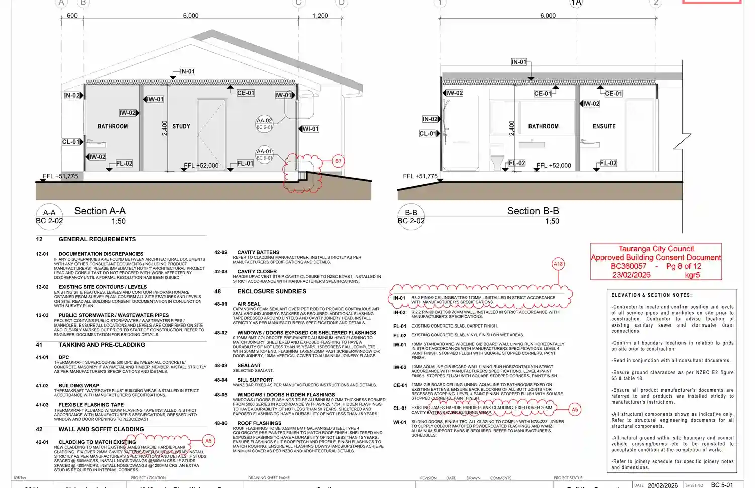 Approved sections and specifications showing insulation and internal lining strategy