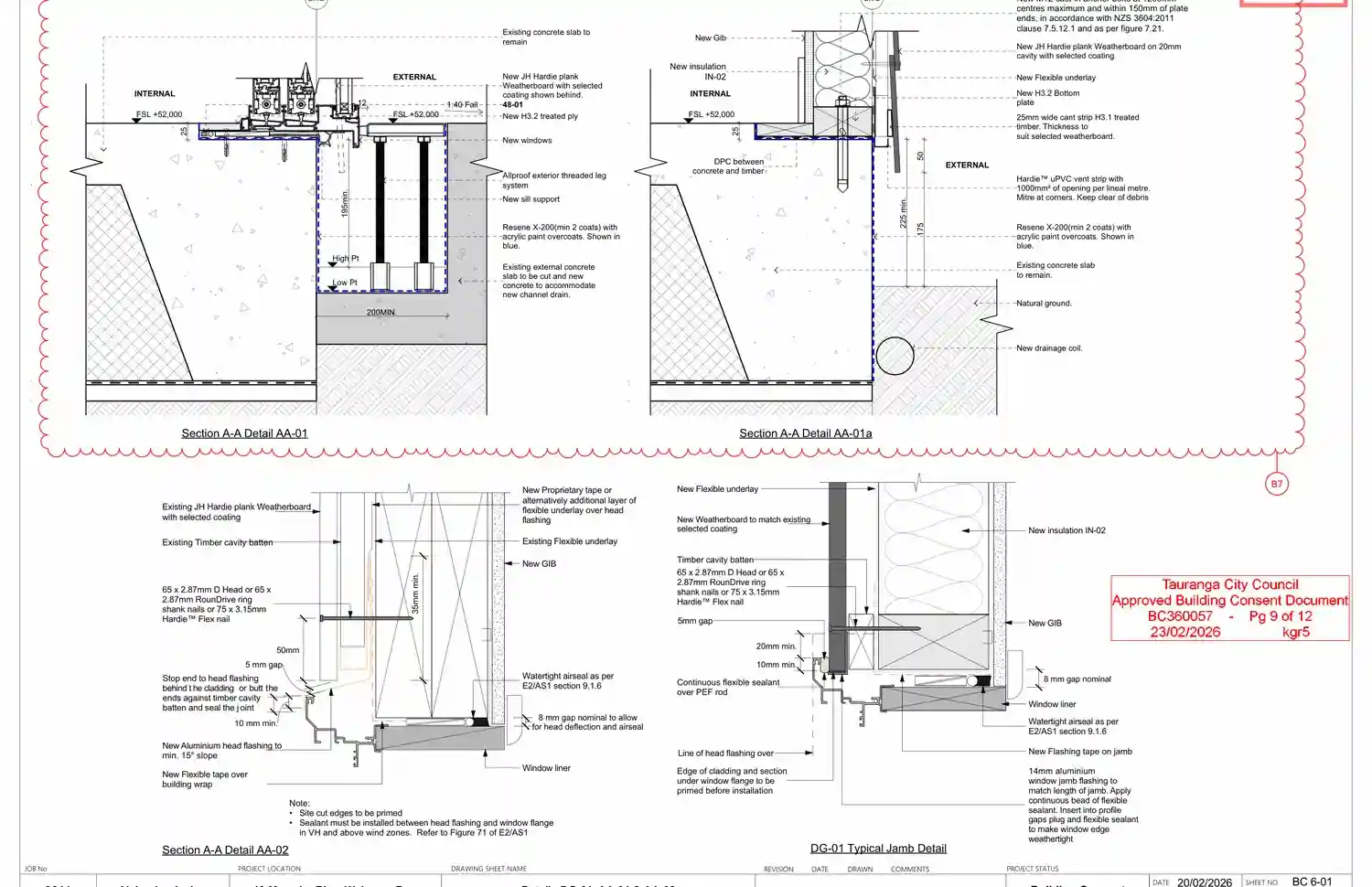 Approved E2 and joinery details showing channel drain and window/door interface