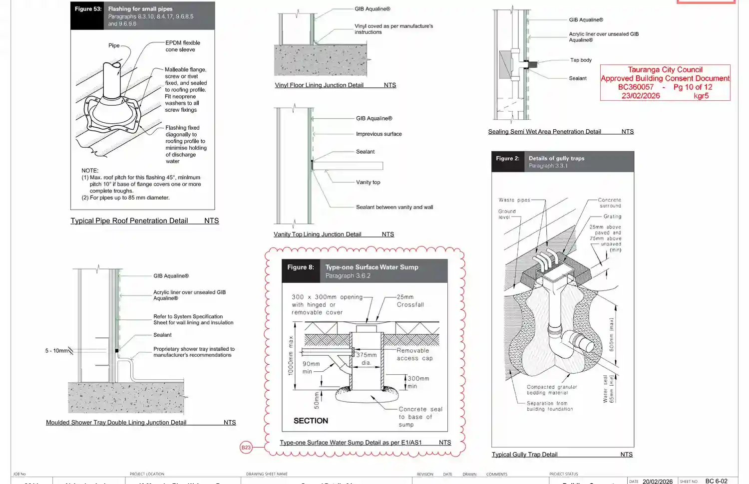 Approved wet area and gully trap details for bathroom conversion
