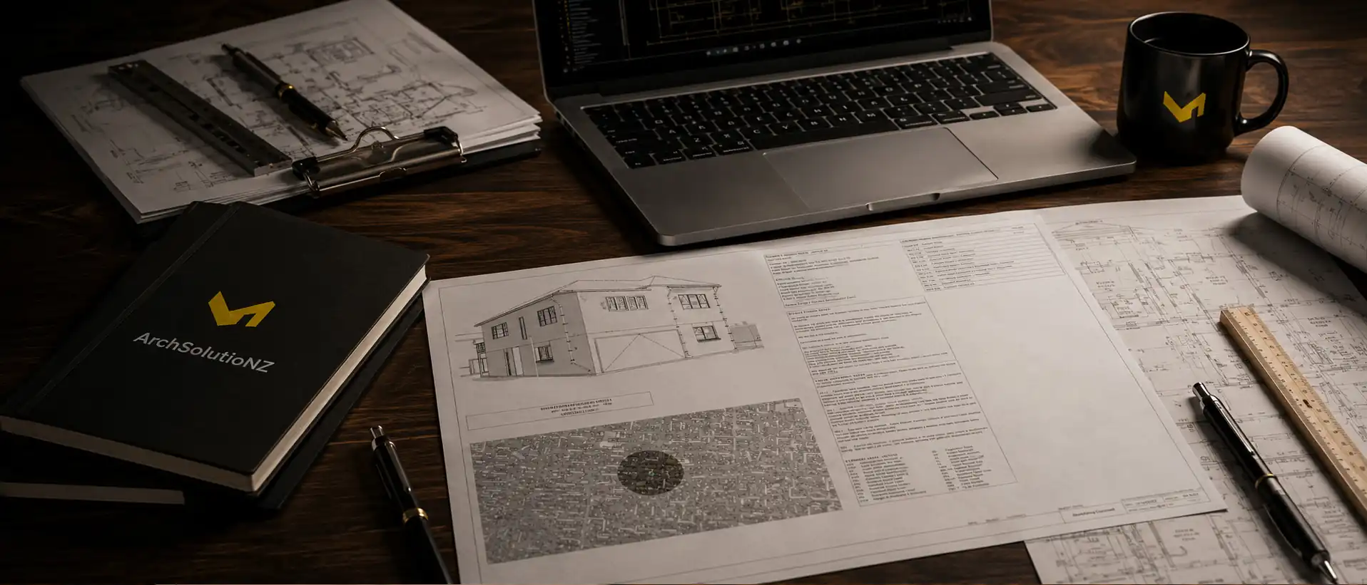 Client project information, architectural drawings and building consent documents prepared for review